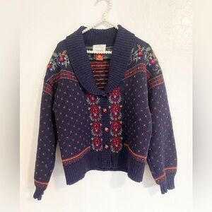 Vintage Susan Bristol Hand Embroidered 100% Pure Wool Cardigan Size